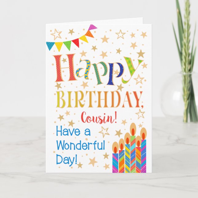 Tarjeta Estrellas, Bunting, Velas para el cumpleaños del p (Anverso)
