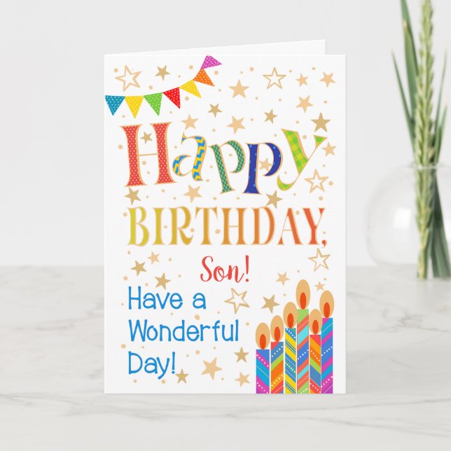 Tarjeta Estrellas, Bunting, velas por el cumpleaños de un  (Anverso)