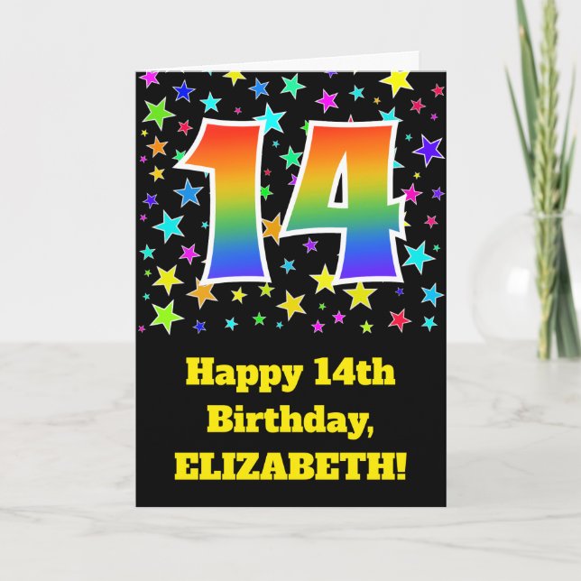 Tarjeta Estrellas coloridas + patrón arcoiris "14" Cumplea (Anverso)