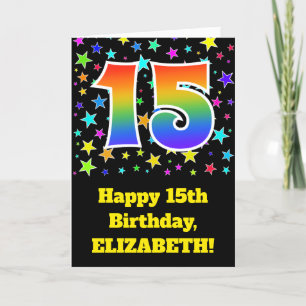 Tarjeta Estrellas coloridas + patrón arcoiris "15" Cumplea