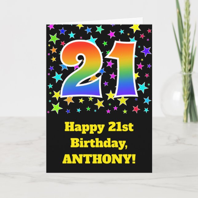 Tarjeta Estrellas coloridas + Patrón Arcoiris "21" Cumplea (Anverso)