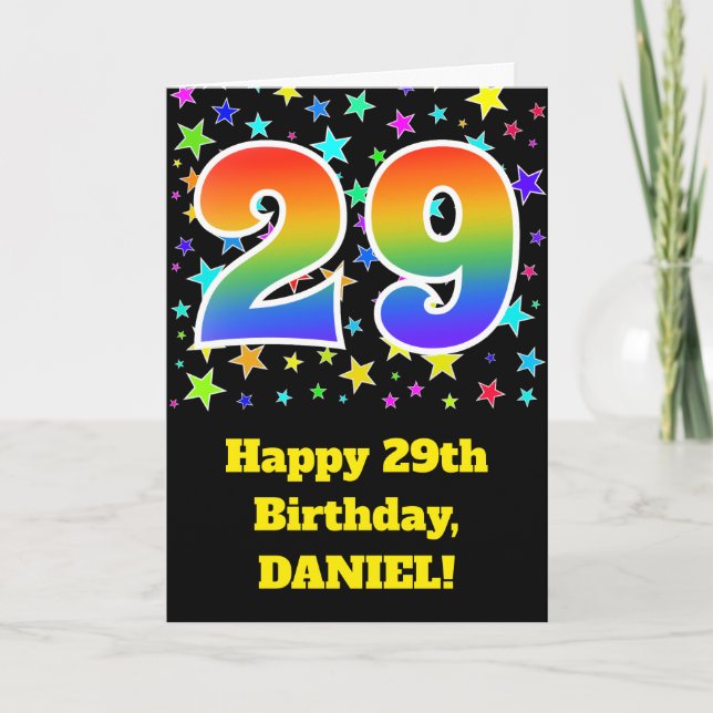 Tarjeta Estrellas coloridas + Patrón Arcoiris "29" Cumplea (Anverso)
