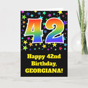 Tarjeta Estrellas coloridas + patrón arcoiris "42" Cumplea