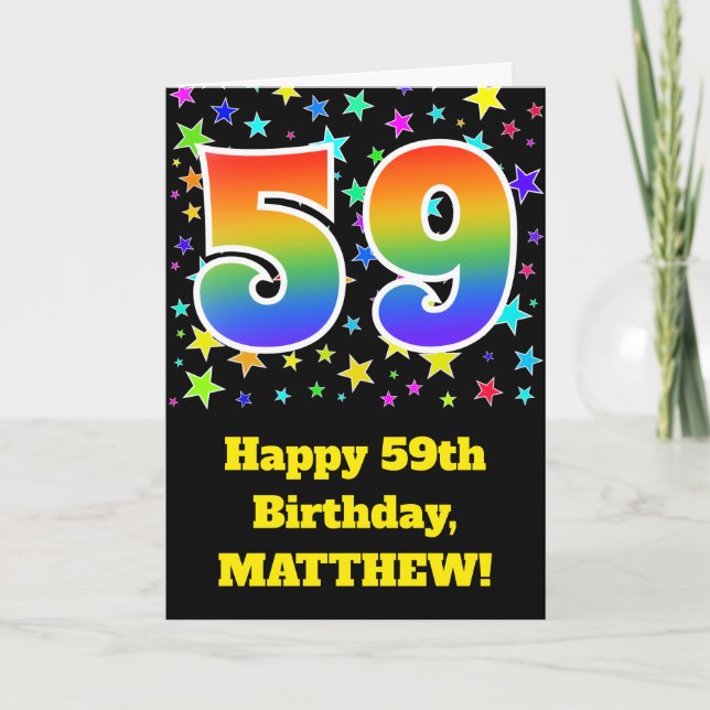 Tarjeta Estrellas coloridas + patrón arcoiris "59" Cumplea (Anverso)