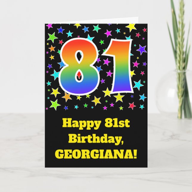 Tarjeta Estrellas coloridas + Patrón Arcoiris "81" Cumplea (Anverso)