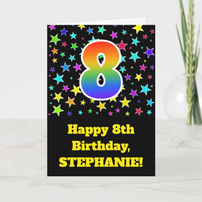 Tarjeta Estrellas coloridas + Patrón Arcoiris "8" Cumpleañ (Anverso)