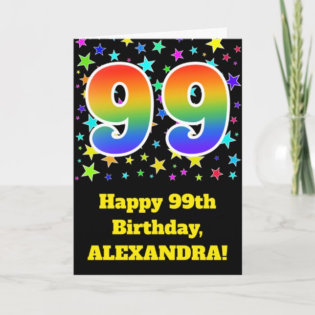 Tarjeta Estrellas coloridas + Patrón Arcoiris "99" Cumplea (Anverso)