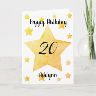 Tarjeta Estrellas de acuarela doradas Feliz 20 cumpleaños