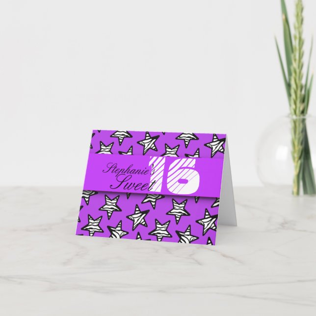 Tarjeta Estrellas de cebra morada Sweet 16 Birthday Card (Anverso)