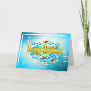 Tarjeta estrellas de diamantes burbujas en oro y cumpleaño