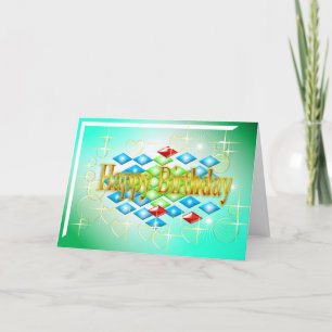 Tarjeta estrellas de diamantes burbujas en oro y cumpleaño