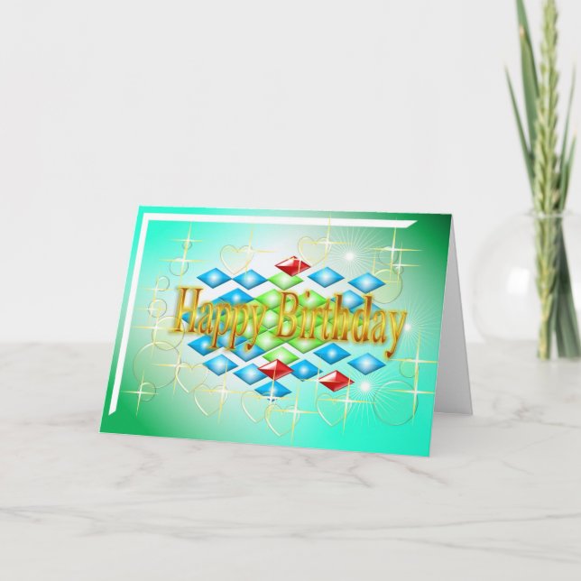 Tarjeta estrellas de diamantes burbujas en oro y cumpleaño (Anverso)