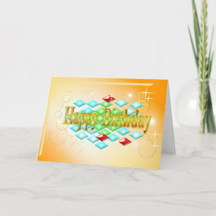 Tarjeta estrellas de diamantes burbujas en oro y cumpleaño