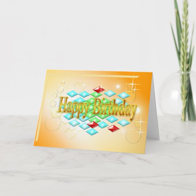 Tarjeta estrellas de diamantes burbujas en oro y cumpleaño (Anverso)