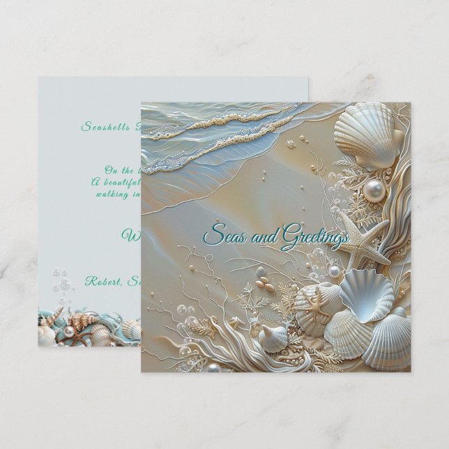 Tarjeta Estrellas de mar conchas perlas Saludos y Mares (Anverso / Reverso)
