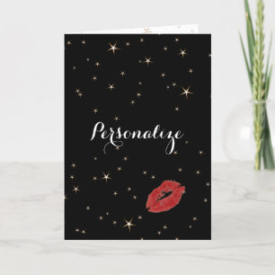 Tarjeta Estrellas Doradas Glamurosas con Beso de Labial Ro