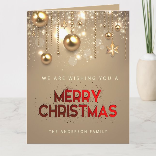 Tarjeta Estrellas doradas, ornamentos, Feliz Navidad (Anverso)