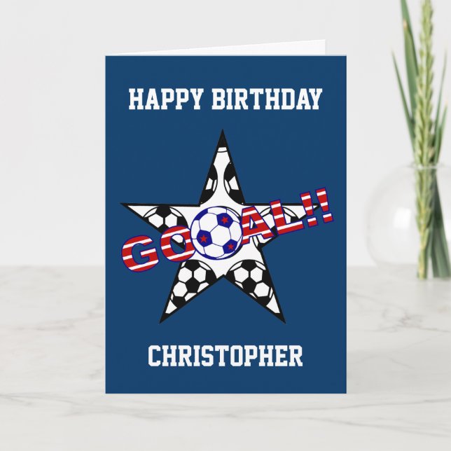 Tarjeta Estrellas y rayas Gol de fútbol feliz cumpleaños (Anverso)