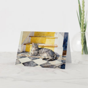 Tarjeta Estudio de gato atigrado gris A en acuarelas