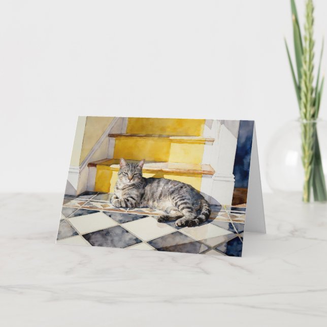 Tarjeta Estudio de gato atigrado gris A en acuarelas (Anverso)
