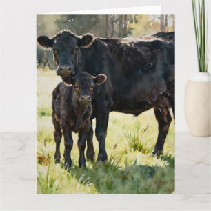 Tarjeta Estudio de vaca y ternero Black Angus B en acuarel