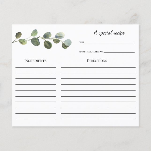 Tarjeta Eucalyptus Bridal Shower Receta (Anverso)