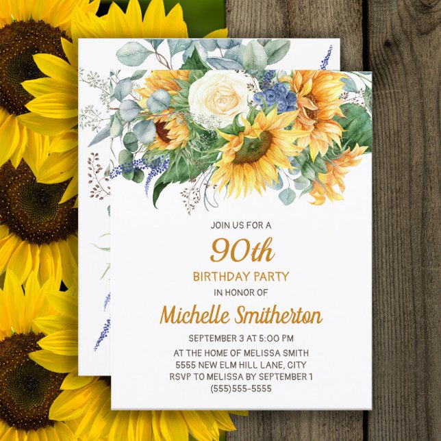 Tarjeta Eucalyptus Floral 90 cumpleaños (Sunflowers and eucalyptus 90th birthday party invitation)