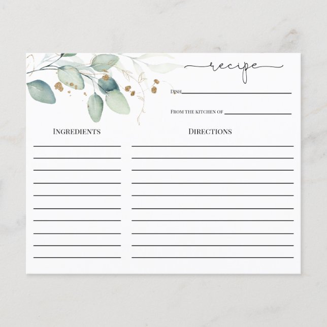 Tarjeta Eucalyptus Gold Bridal Shower Receta (Anverso)
