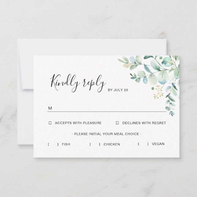 Tarjeta Eucalyptus Greenery Rsvp con opciones de c (Anverso)