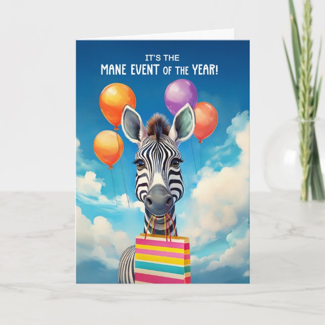 Tarjeta Evento de cumpleaños Zebra MANE con globos (Anverso)