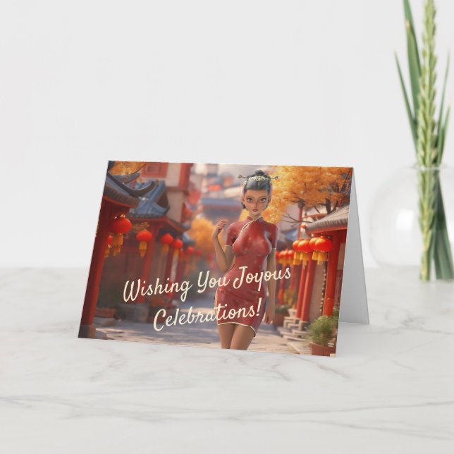 Tarjeta Exótico Chica de armas para celebrar Año Nuevo chi (Anverso)