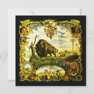 Tarjeta Expo Pan Am con motivos de bisontes y nativos amer