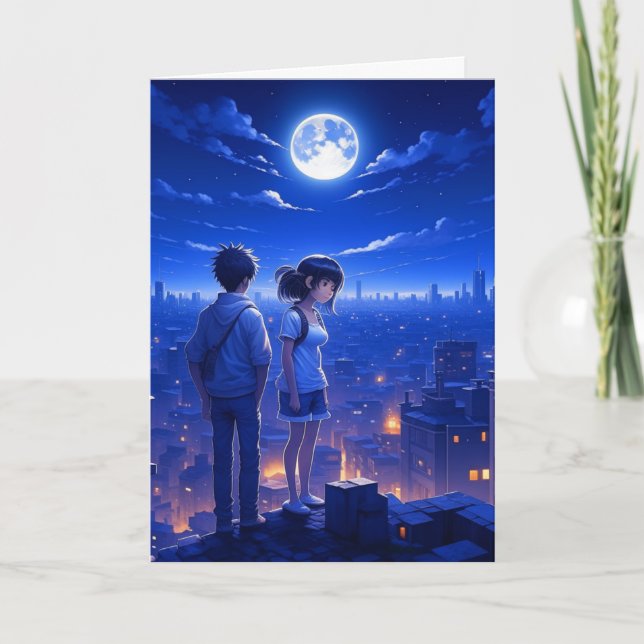 Tarjeta Extrañar | Pareja anime bajo la luna (Anverso)
