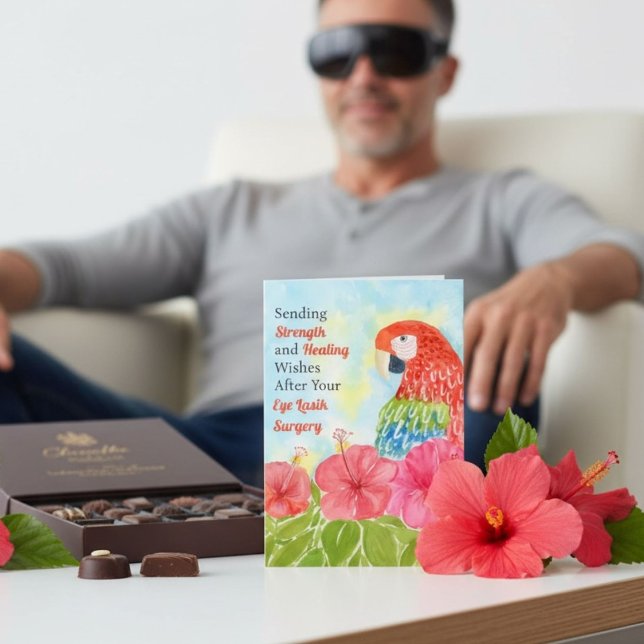 Tarjeta Eye Lasik Surgery Healing Scarlet Macaws, Hibiscus (Subido por el creador)