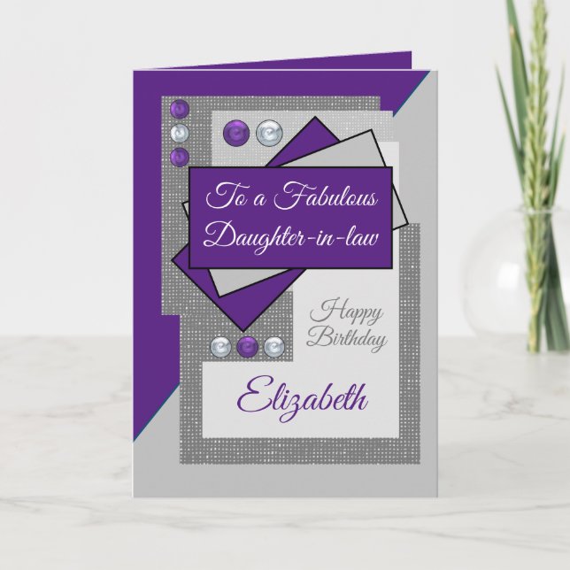 Tarjeta Fabulosa hija en la ley cumpleaños gris morado (Anverso)