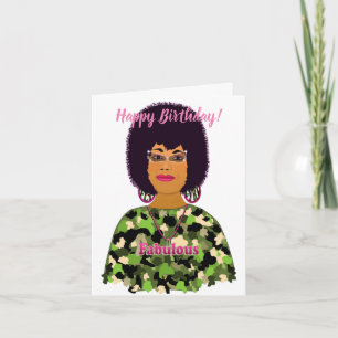 Tarjeta Fabuloso coche de cumpleaños feliz de mujer afroam