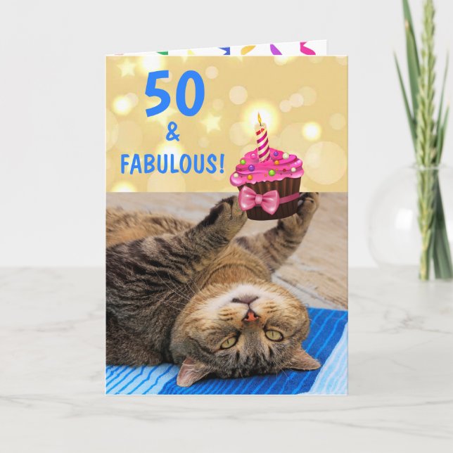 Tarjeta Fabuloso Cumpleaños De Cincuenta Gatos (Anverso)