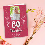 Tarjeta Fabuloso Foliage Magent 80th Birthday Photo<br><div class="desc">80 y Fabulous Foliage Magenta 80th Birthday Photo Card. 80 y texto fabuloso en escritura blanca a la moda con un nombre y follaje blanco sobre un fondo magenta vívido. Personalízalo con tu foto,  tu nombre y la edad. Agrega tu texto dentro de la tarjeta o borra.</div>