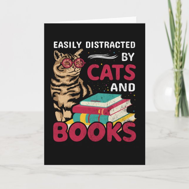 Tarjeta Fácilmente Distraído Por Gatos Y Libros Cute (Anverso)