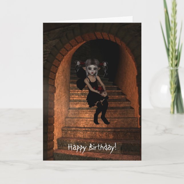 Tarjeta Fairy Elf DarkWolf Raven The Stairs Happy Birday (Anverso)