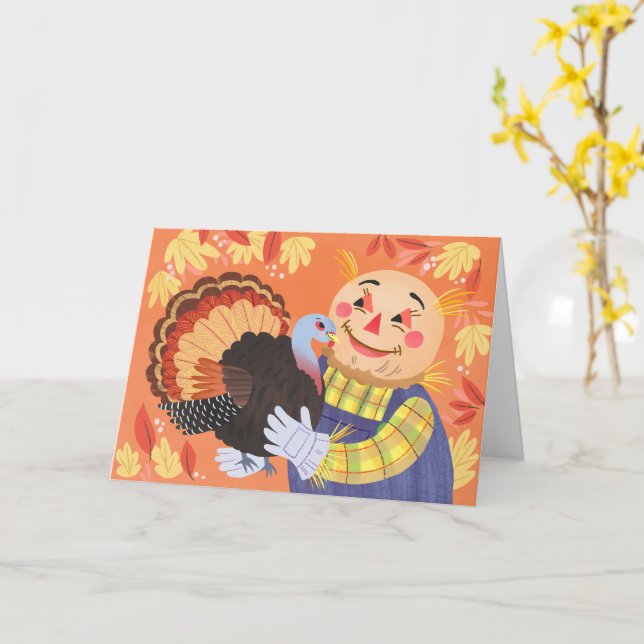 Tarjeta Fall Autumn Scarecrow y Turkey Card (flor amarilla)