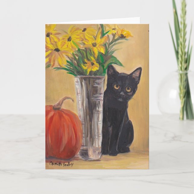 Tarjeta Fall Black Kitty Pumpkin Cat Art Greet Card (Anverso)