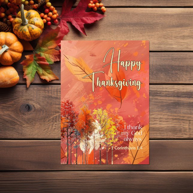 Tarjeta Fall Leaf Trees Biblia Verse Feliz Día de Gracias (Brush stroke leaves and trees Bible verse Thanksgiving Card)