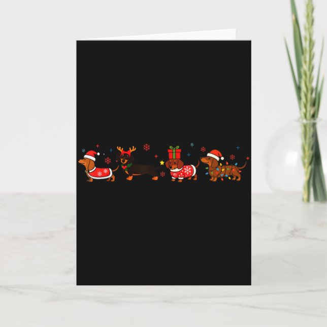 Tarjeta Familia Dachshund Santa Trineo Reno Nieve Navidad (Anverso)