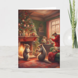 Tarjeta Familia de ardillas Navidad sala de estar acogedor