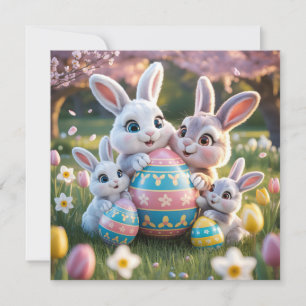 Tarjeta Familia de conejos alegres en 3D con un huevo de P