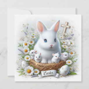 Tarjeta Familia de conejos de Pascua en nido floral con cr