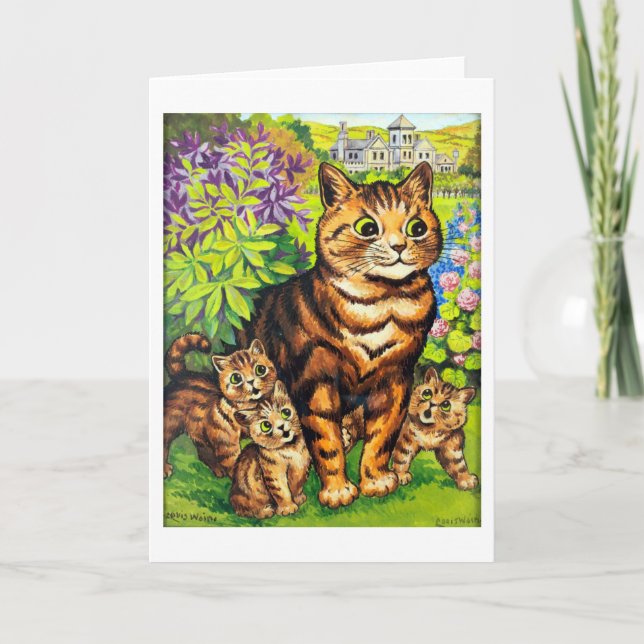 Tarjeta Familia de gatos en un jardín, Louis Wain (Anverso)
