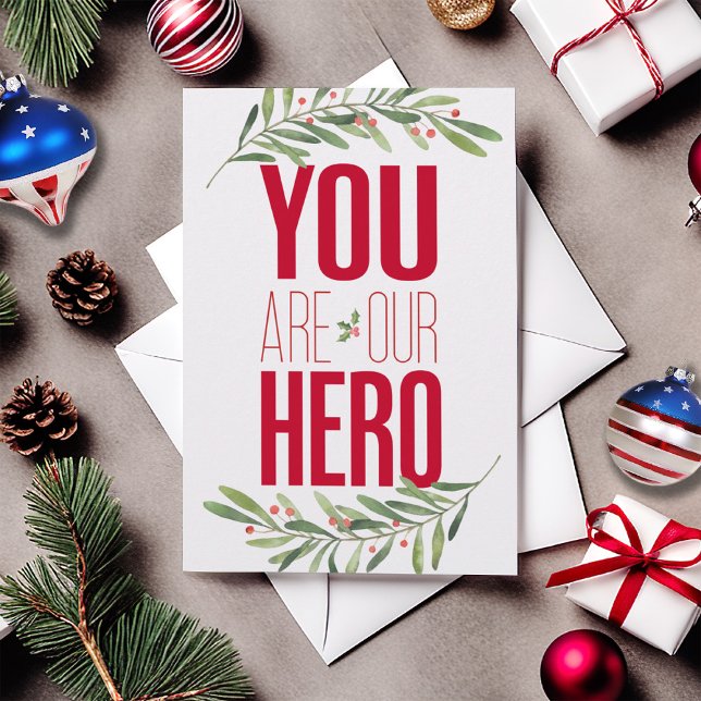 Tarjeta Familia de Héroes Militares Feliz Navidad (You are Our / My Hero USA Military Christmas Card, BMT basic training, boot camp, airman, air force)