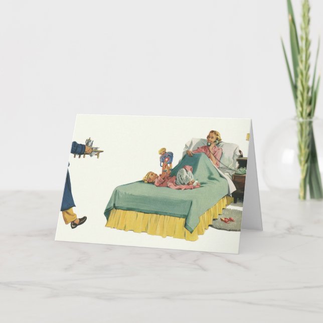 Tarjeta Familia de la época sirviendo el desayuno de mamá  (Anverso)